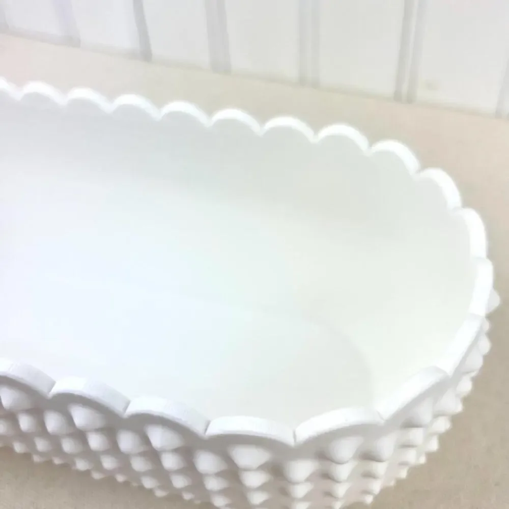 White Hobnail Bowl, Oblong Bowl, Decorative Bowl with Scalloped Edge